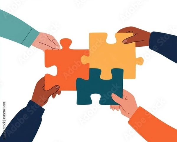 Fototapeta Group of diverse professionals connecting puzzle pieces with campaign elements, collaborative marketing planning