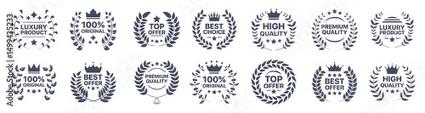 Fototapeta Best offer, high quality, best choice, original, luxury product emblem badge collection with laurel wreath, star and crown icons. Vector