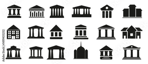 Fototapeta Bank icons. Set of different museum icons. Simple bank signs. Black architecture icons. Vector