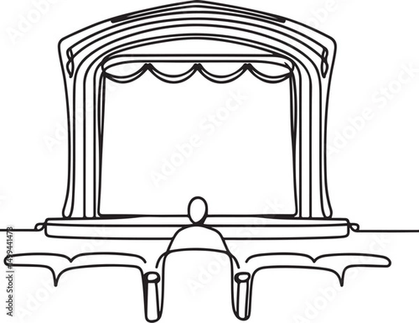 Fototapeta Lone audience in theater with empty stage and arched proscenium