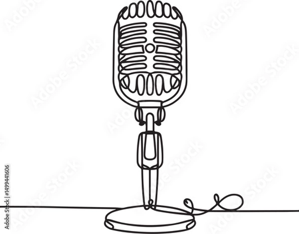 Fototapeta Minimalist one-line drawing of vintage microphone on stand