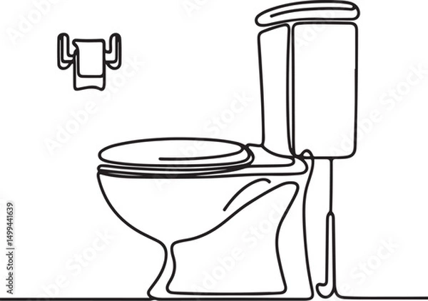 Fototapeta Minimalist one-line drawing of a toilet with paper holder