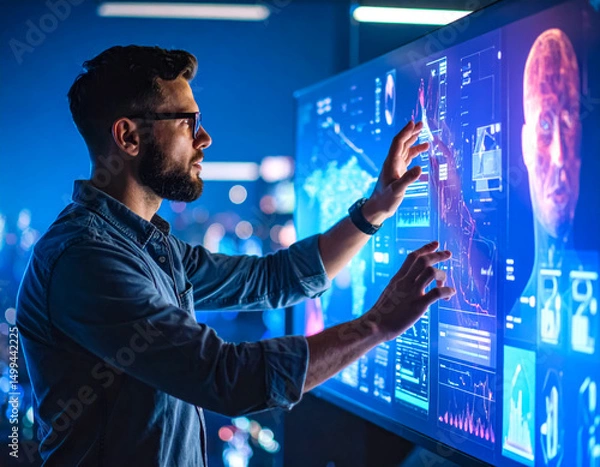 Fototapeta Man interacts with advanced data visualization technology in a modern workspace during evening hours