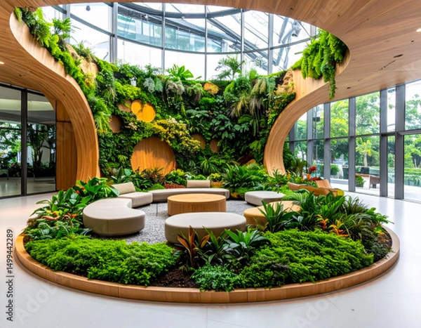 Fototapeta Indoor garden space featuring lush greenery and modern design with circular seating in a contemporary building