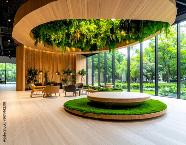 Fototapeta Modern indoor lounge features greenery and open windows in a serene setting surrounded by nature