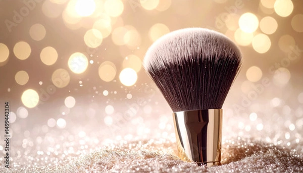 Fototapeta Close up of a makeup brush on sparkling surface with blurred lights in the background during a festive celebration