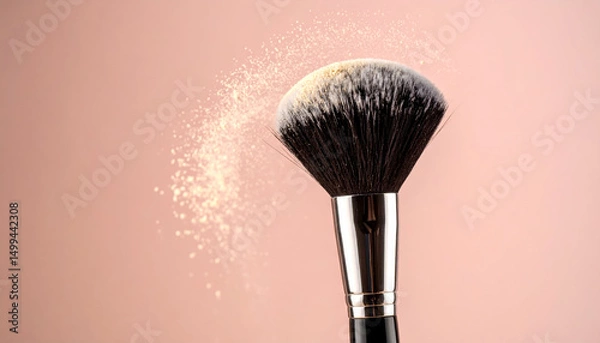 Fototapeta Makeup brush creating a dust cloud of powder against a soft pink background while being used for cosmetic application