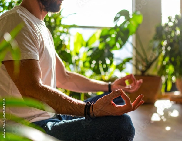 Fototapeta Mindful meditation practice in a serene indoor garden setting during the morning light