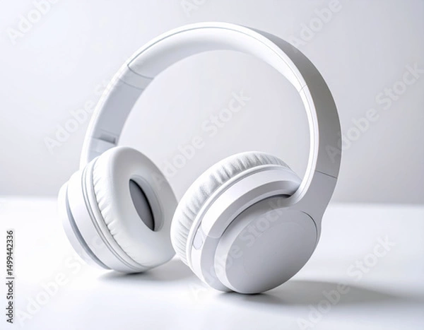 Fototapeta Stylish white wireless headphones showcased on a minimalist surface for modern audio enthusiasts and tech lovers