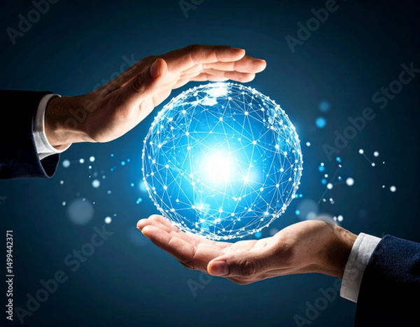 Fototapeta Hands holding a glowing sphere of interconnected lines and dots representing global technology and innovation