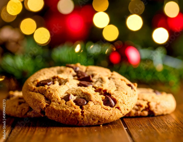 Fototapeta Warm chocolate chip cookies resting on a wooden table with festive decorations in the background during the holiday season
