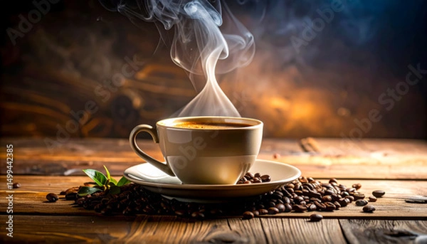 Fototapeta Cup of hot coffee with steam rising on a rustic wooden table decorated with coffee beans and fresh mint leaves in a cozy setting