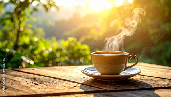 Fototapeta Warm cup of coffee resting on a wooden table in a lush garden during sunrise, steam rising in the refreshing morning light