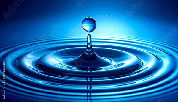 Fototapeta Water drop creates ripples in blue liquid, capturing the beauty of nature's simplicity and movement during a serene moment