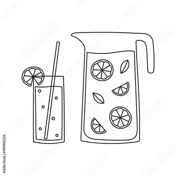 Fototapeta Outline lemonade in a jug and a glass. Editable stroke. Line art summer drink with lemon and mint leaves