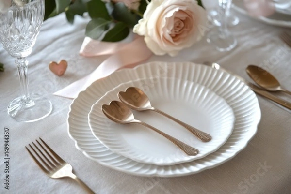 Fototapeta Elegant, romantic dinnerware setting with heart-shaped spoons, pale pink roses, and delicate ribbons