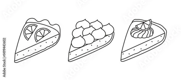 Fototapeta Set of outline lemon cakes with whipped cream and lemon slices. Editable stroke. Doodle drawing for t-shirt print, invitation, card, menu design