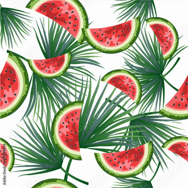 Obraz Watermelons and palm leaves pattern on white background. Juicy and tropical summer design.