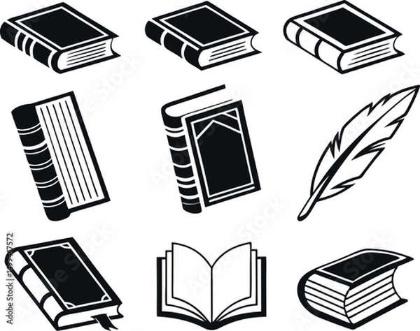 Obraz A set of black and white, stylized icons depicting various books and a quill feather.