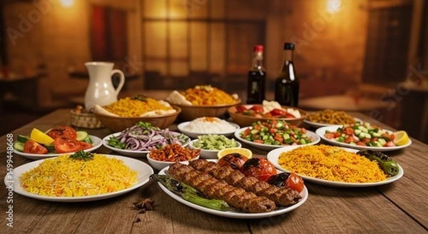 Obraz Middle Eastern Feast with Kebab and Rice Dishes
