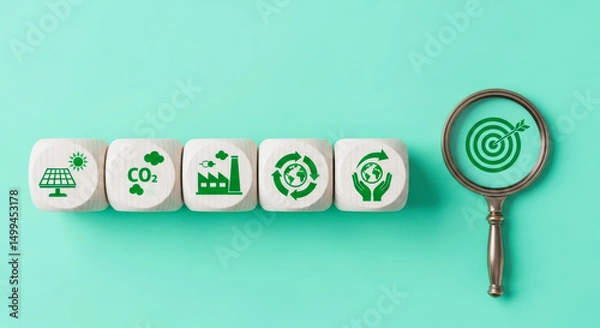 Obraz Wooden blocks symbolizing sustainable development goals and environmental targets with magnifying glass