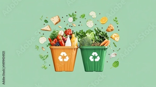 Fototapeta flat vector illustration of zero waste food system, arrows showing organic material flow from kitchen to compost to energy generator, clean green background, minimalist design for educational content
