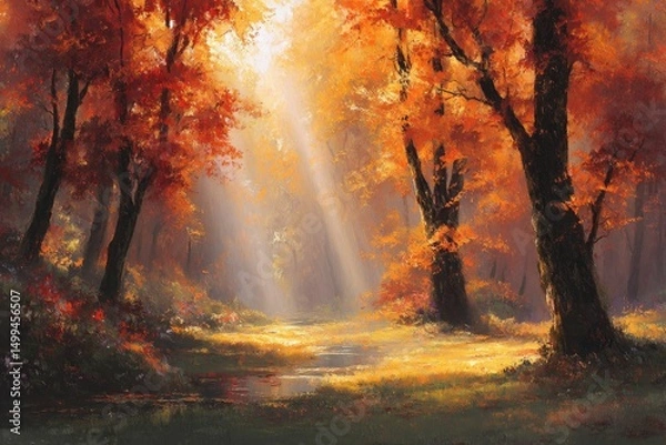 Fototapeta A fairy-tale grove with amber leaf rain, golden shafts of sunlight, and crimson highlights