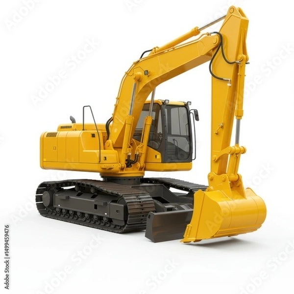 Fototapeta Yellow excavator isolated on white background for construction and mining uses.