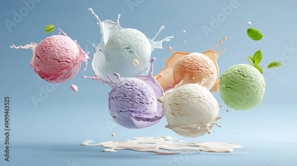 Obraz Colorful array of ice cream balls are flying through the air, with some of them landing on a blue surface. Concept of fun and excitement