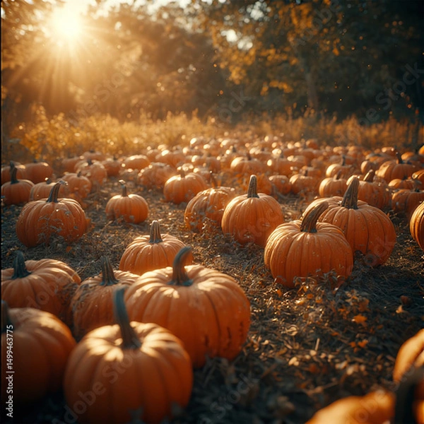 Fototapeta A field of pumpkins basking in the warm autumn sunlight