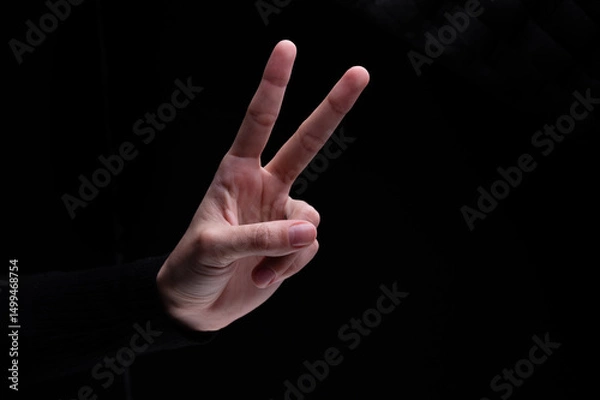 Obraz Woman's hand showing two fingers up, . Peace, fight, victory symbol, letter V in sign language or number two or second