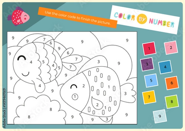 Fototapeta Color by number – cute fish. Animals Activities for kids.  Coloring page for activity book. Vector illustration. Logic Game for boost of fine motor skills, thinking, attention, learning of numbers.