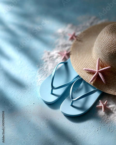 Obraz Flat Lay of Flip-Flops, Straw Hat, and Starfish on Summer Sand