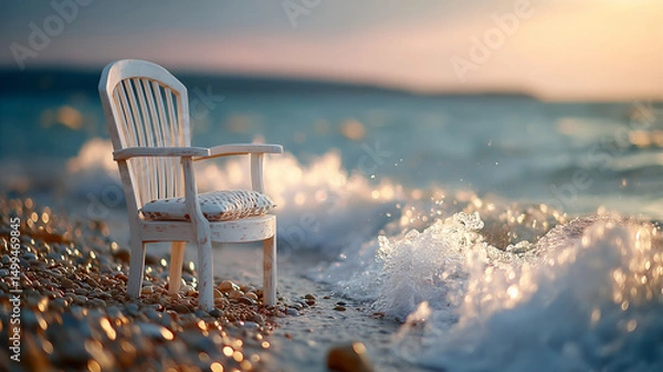 Obraz White Chair on Pebble Beach with Ocean Waves at Sunset. selective focus.