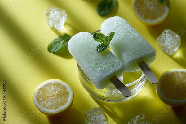Obraz Refreshing Lime Popsicles with Lemon and Mint on Yellow Background