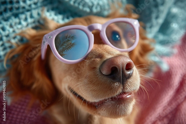 Obraz Happy Dog Wearing Pink Sunglasses with Palm Tree Reflection
