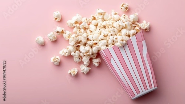 Obraz Box of popcorn is on a pink background. The popcorn is scattered all over the box and the background