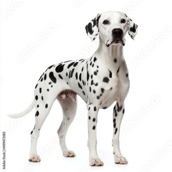 Obraz Dalmatian with spotted coat stands on white background