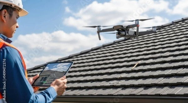 Fototapeta Drone roof inspection utilizing technology for efficient building assessment