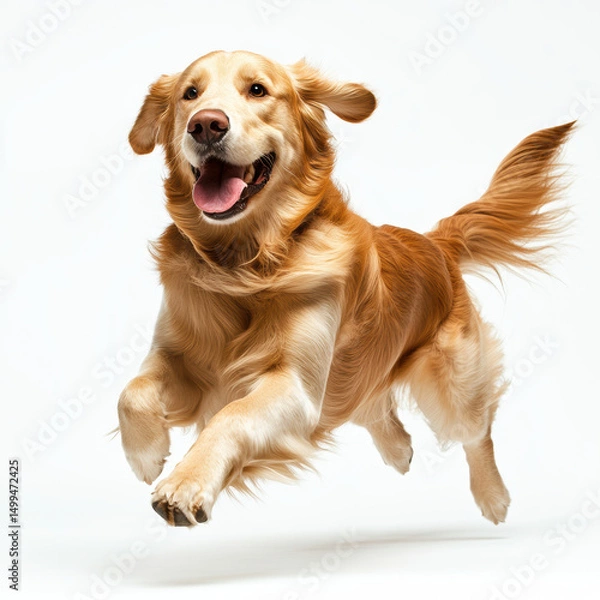 Obraz Joyful golden retriever running energetically on white background