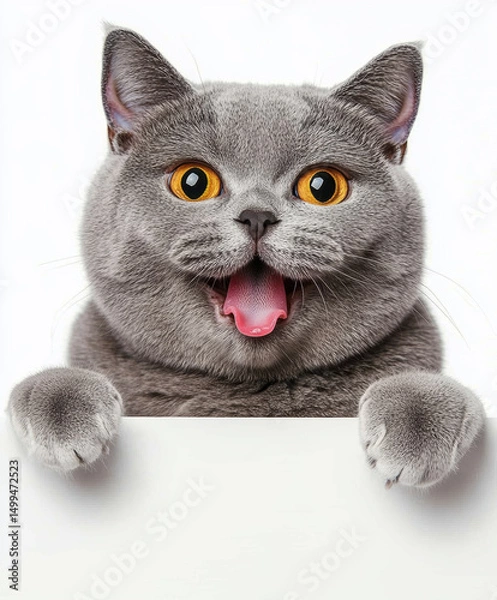 Obraz Gray British Shorthair cat with playful expression on white background