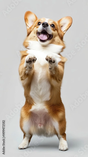 Obraz Happy Pembroke Welsh Corgi stands on hind legs with excitement