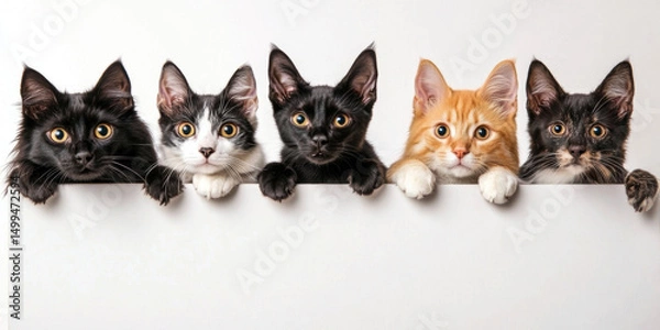 Obraz Five adorable kittens peeking over white surface, showcasing curiosity