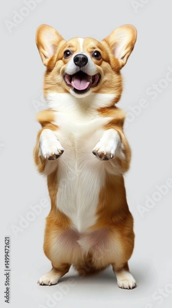 Obraz Happy Pembroke Welsh Corgi stands on hind legs, showcasing its playful nature