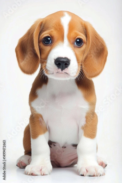 Obraz Small, adorable Beagle puppy with curious expression sits on white background