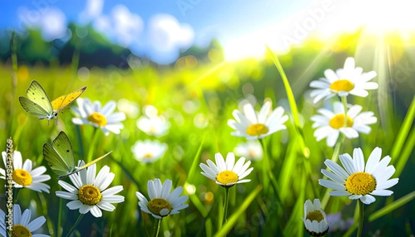 Fototapeta art abstract; Beautiful summer background with fresh green grass and wild chamomile flowers in sunny meadow
