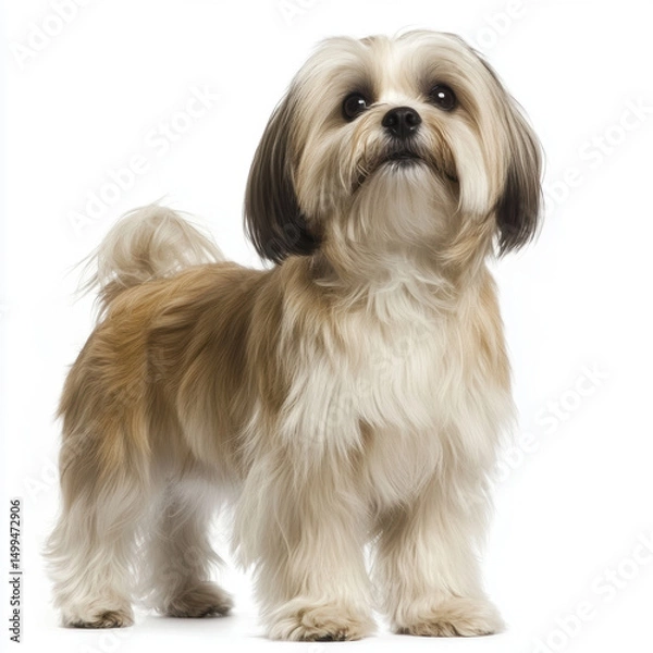 Obraz Lhasa Apso with long wavy fur stands on white background