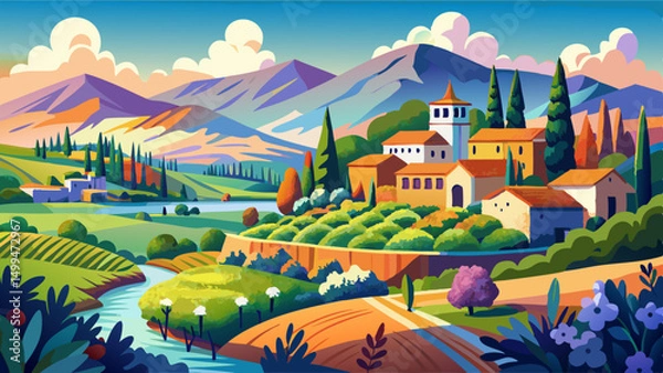 Fototapeta Cartoon landscape of a Mediterranean village with hills, river, cypress trees and colorful fields under a bright sky