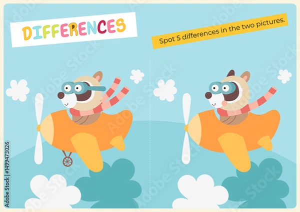 Fototapeta Animals activities for kids. Spot 5 differences in two pictures. Cute raccoon in airplane. Vector illustration. Activity flash card. Game to boost attention and focus.