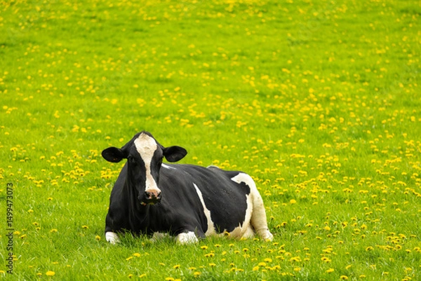 Fototapeta closeup of one dairy cows resting in a beautiful farm with rolling terrain, Aachen, Germany
